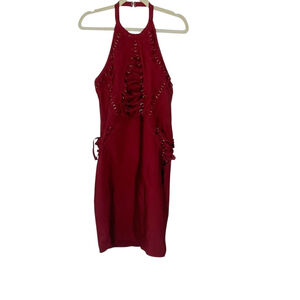 Fashion Nova burgundy halter dress. Bodycon with front and side lacing details.